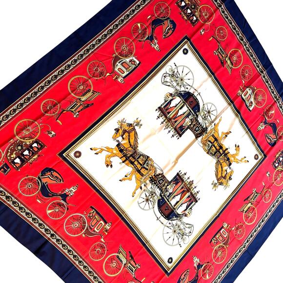 Silky polyester scarf large square designer look red blue gold carriages FLAWS - Picture 8 of 12